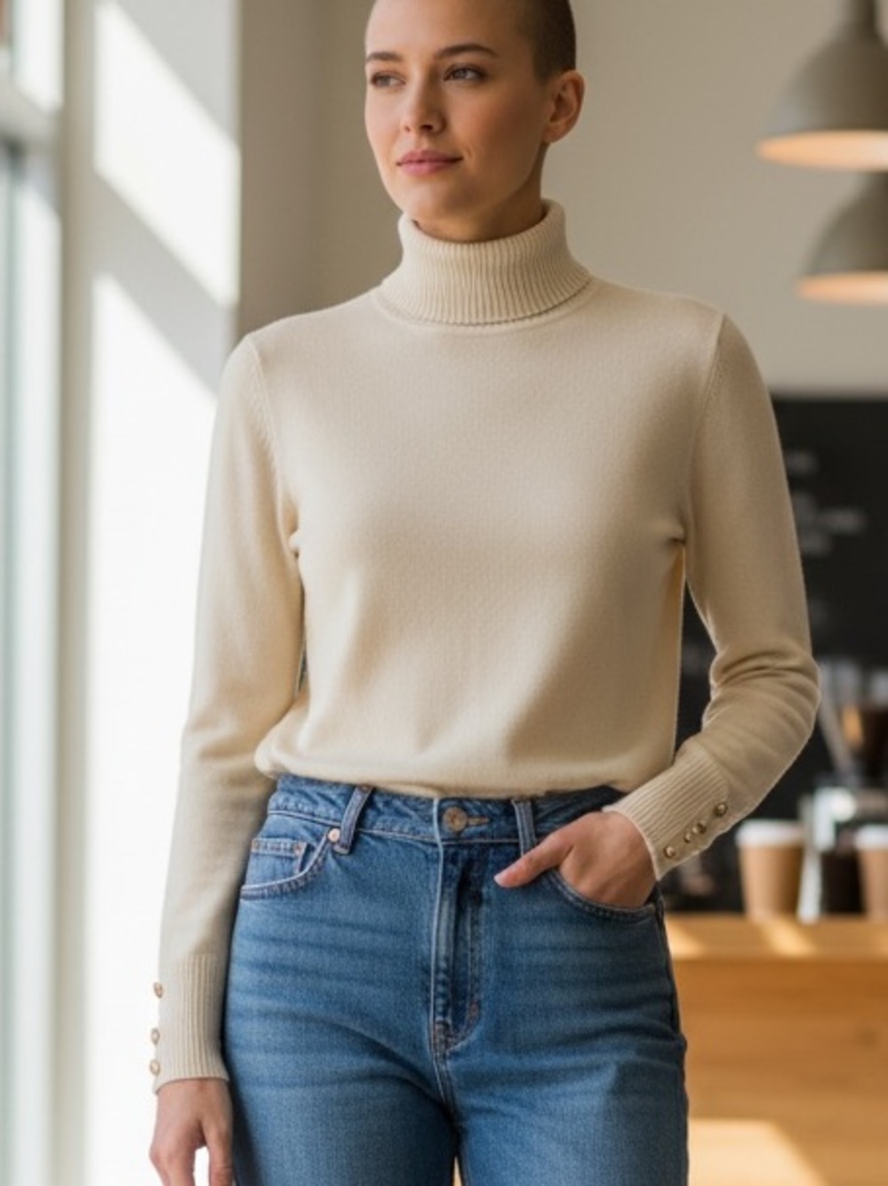 80s MINIMALIST LAGENLOOK CREAM TURTLENECK SWEATER ABALONE BUTTON CUFFS SZ M